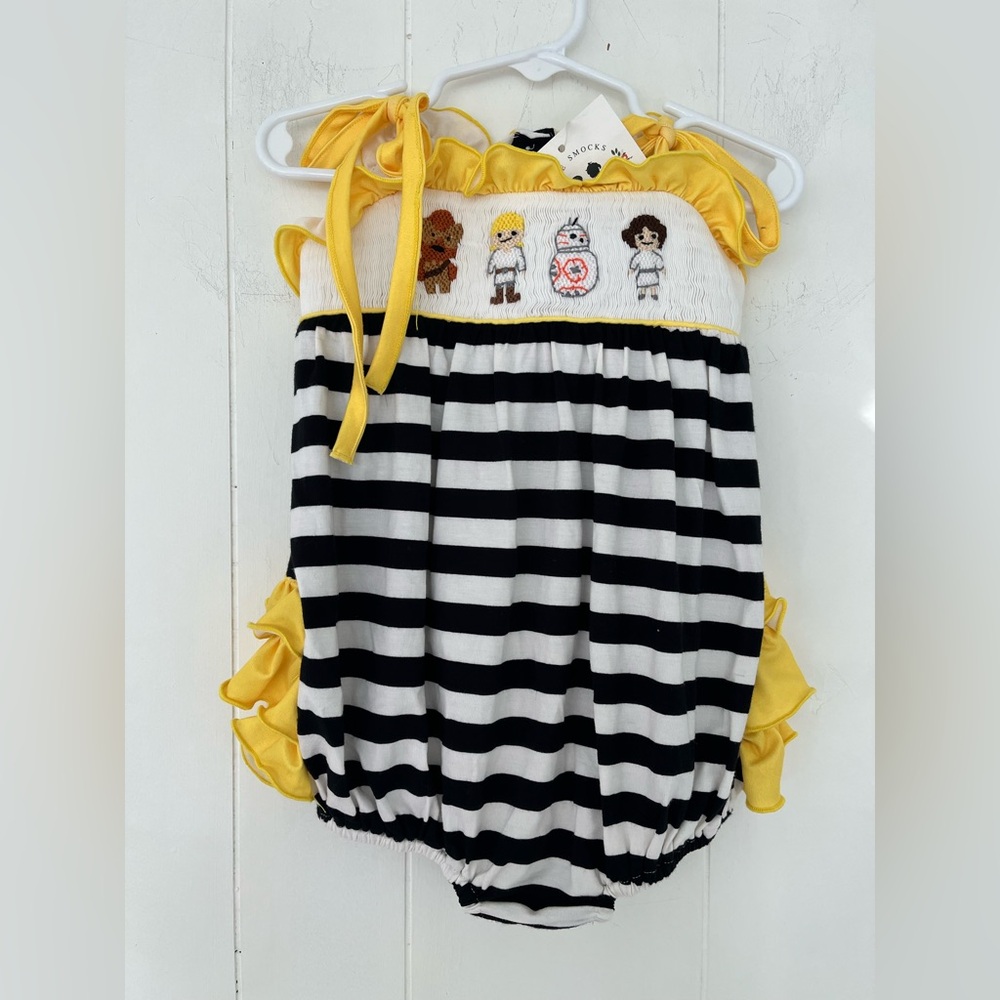 Awe Smocks Star Wats Smocked Stripe Black & White Bubble 1 Piece Yellow Ruffles - Picture 5 of 14